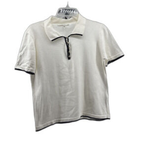 FRAME Women’s The Sport Tipped   100% Cotton Polo  White/Navy Stripe Size Large